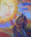V treťom obraze polyptychu „Do sveta“ akryl na plátne, 50x60, sú Adam a Eva vyháňaní z raja anjelom poslom Božím.